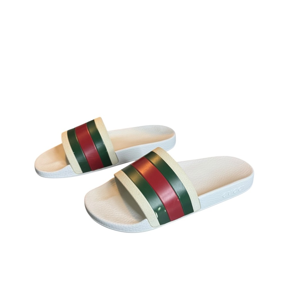Gucci Pursuit 72 White and Green Striped Flip Flop Slides Sandals - Picture 3 of 9